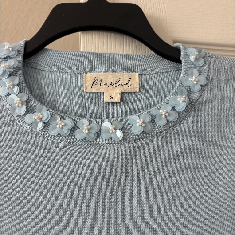 Marled Light Blue Crewneck Sweater with Floral Sequin Trim, worn once